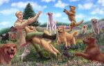  1boy animal arms_up beard_stubble blonde_hair blue_sky boots commentary dog dorovahkiin english_commentary facial_hair falling flower grass highres house jumping lace-up_boots marley_military_uniform meadow outstretched_arms pine_tree playing_with_animal reiner_braun shingeki_no_kyojin short_hair signature sky smile stubble tree v-shaped_eyebrows 