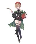  1girl bare_shoulders belt belted_jacket beret black_boots black_bow black_bowtie black_jacket black_shorts black_thighhighs book boots bow bowtie brooch brown_eyes brown_hair buttons clio_aite clio_aite_(clio_2.0) collared_shirt double-breasted f.k_(hs225kr) footwear_bow frilled_sleeves frills full_body glasses gold_trim green_lining hat head_tilt highres holding holding_book holding_quill jacket jewelry knee_boots lace-up_boots leaf_print long_sleeves looking_at_viewer official_art open_mouth phase_connect plaid_clothes promotional_art quill red_hat round_eyewear scar scar_across_eye scar_on_face second-party_source shirt shoe_buckle shoes short_hair short_shorts shorts simple_background sleeveless sleeveless_shirt smile solo standing tailcoat thigh_strap thighhighs transparent_background untucked_shirt white_shirt 