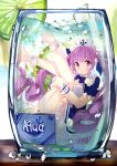  1girl ahoge air_bubble anchor_print anchor_symbol ankle_garter arched_soles bare_legs barefoot blue_bow blue_bowtie blue_dress blue_streaks blunt_bangs bow bowtie braid bubble character_name closed_mouth colored_inner_hair commentary condensation convenient_censoring coria cup curled_ends dress dress_bow drinking_glass folded food frilled_dress frilled_shirt_collar frills fruit hair_bow high-ended_braid highres hololive hugging_own_legs ice ice_cube in_container in_cup knees_together_feet_apart legs legs_up light_blush lime_(fruit) lime_slice long_hair looking_at_viewer maid maid_headdress minato_aqua minato_aqua_(1st_costume) multicolored_hair plantar_flexion purple_eyes purple_hair short_dress short_sleeves sidelocks smile solo split_mouth streaked_hair striped_clothes striped_wrist_cuffs submerged tumbler_glass twintails two-tone_hair untranslatable_commentary very_long_hair virtual_youtuber water water_drop white_bow wrist_cuffs 