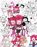  4girls =_= ^_^ absurdres animal_ears asymmetrical_sleeves balloon bebeko_z black_horns black_sailor_collar black_shirt blonde_hair bloom_(irys) blue_jacket blush blush_stickers book breasts chibi cleavage clenched_teeth closed_eyes commentary_request cropped_shirt cropped_torso dark-skinned_female dark_skin detached_sleeves dress drooling earrings elf fang feather_earrings feathers gloom_(irys) glowstick grin guyrys hakos_baelz halo highres holding holding_book hololive hololive_english hololive_idol_uniform_(color_rise) horns hug irys_(casualrys)_(hololive) irys_(gaming_casual)_(hololive) irys_(hololive) irys_(irys_2.0)_(hololive) jacket jewelry long_hair looking_at_viewer medium_breasts mismatched_sleeves mouse_ears mouse_girl mouth_drool mr._squeaks_(hakos_baelz) multicolored_hair multiple_girls multiple_views number_balloon official_alternate_costume one_eye_closed open_book open_mouth orange_hair orange_shirt penlight_(glowstick) pointy_ears purple_hair red_shirt sailor_collar school_uniform sharp_teeth shiranui_flare shirt single_detached_sleeve single_sleeve smile smol_irys star_halo streaked_hair takanashi_kiara teeth two-tone_shirt v v-shaped_eyebrows virtual_youtuber waving white_dress white_hair white_shirt white_sleeves 