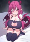  1girl absurdres armpit_crease arms_at_sides ass_visible_through_thighs asymmetrical_sidelocks bare_shoulders bed_sheet bell black_bra black_choker black_thighhighs blush bra breasts bright_pupils cat_cutout cat_ear_panties cat_lingerie choker cleavage cleavage_cutout closed_mouth clothing_cutout collarbone commentary_request commission dragon_horns dragon_tail dragon_wings ear_blush frilled_bra frills full_body gradient_horns gradient_tail hair_between_eyes head_tilt highres horns huge_breasts jingle_bell kkam-sang korean_commentary long_hair long_sidelocks looking_at_viewer low_twintails mini_wings multicolored_horns neck_bell no_shoes nose_blush on_bed original panties pink_eyes pink_horns pointy_ears purple_hair red_tail sidelocks sitting slit_pupils smile solo spaghetti_strap tail thigh_gap thighhighs twintails underwear white_pupils wings 