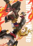  1girl belt black-framed_eyewear black_belt black_boots black_gloves black_jacket black_skirt blonde_hair boots breasts burnice_white character_name chinese_commentary commentary_request crop_top cropped_jacket eyewear_on_head finger_on_trigger fingerless_gloves fire flamethrower gloves highres holding holding_flamethrower holding_weapon jacket large_breasts long_sleeves midriff open_mouth orange_background red-tinted_eyewear red_belt red_eyes skirt smile solo spiked_belt stealth_dragon_dual_weapon sunglasses tang_ke teeth thigh_belt thigh_boots thigh_strap tinted_eyewear twintails upper_teeth_only upside-down weapon zenless_zone_zero 