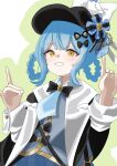  021ryuut87112 1girl bird_hat_ornament black_bow black_bowtie black_capelet black_hat blue_hair blue_necktie blue_skirt bow bowtie braid braided_hair_rings capelet collared_shirt commentary_request deerstalker grey_vest hair_bow hair_rings hat hat_bow highres long_sleeves looking_at_viewer mahou_shoujo_no_majo_saiban necktie plaid_clothes plaid_skirt shirt short_hair simple_background skirt smile solo tachibana_sherry teeth unmoving_pattern upper_body vest white_shirt yellow_eyes 