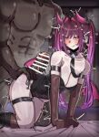  1boy 1girl adapted_costume all_fours arm_strap armpit_crease azki_(hololive) azki_(little_devil)_(hololive) bar_censor bare_shoulders black_boots black_choker black_leotard black_necktie black_tail black_tiara blacked_female blurry blurry_background blush boots breasts brown_gloves censored choker clothed_female_nude_male collarbone dark_skin demon_girl demon_horns demon_tail demon_wings ear_piercing elbow_gloves erection feet_out_of_frame gloves gradient_horns hair_between_eyes hand_on_another's_ass heart heart-shaped_pupils hetero heterochromia highres hololive horns huge_penis imminent_penetration indoors interracial kneehighs large_breasts leotard long_hair looking_at_viewer low_wings multicolored_horns multiple_piercings necktie ntr5304 nude official_alternate_hairstyle penis piercing pink_eyes pink_horns purple_hair queen_of_spades_symbol race_fetishism race_fetishism_symbol sheet_grab short_necktie socks spade_(shape) spade_brooch steaming_body strapless strapless_leotard symbol-shaped_pupils tail textless_version thigh_strap thighs tiara twintails veins veiny_penis very_dark_skin very_long_hair virtual_youtuber wings 