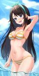  1girl :d absurdres arm_up armpits bikini black_hair blue_eyes blue_sky bow_hairband breasts cleavage commentary_request day hairband halterneck highres hololive long_hair looking_at_viewer nushiya_(ayihsem) official_alternate_costume official_alternate_hairstyle oozora_subaru oozora_subaru_(hololive_summer_2019) open_mouth outdoors partially_underwater_shot polka_dot_hairband sky smile solo stomach striped_bikini striped_clothes swept_bangs swimsuit virtual_youtuber wading watermark wet yellow_bikini 