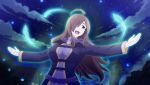  1girl :d ahoge breasts brown_eyes brown_hair casting_spell cloud dress gambeson game_asset hair_over_one_eye high_collar highres hood hood_down hooded_robe house kono_subarashii_sekai_ni_shukufuku_wo! kono_subarashii_sekai_ni_shukufuku_wo!_kono_yokubukai_game_ni_shinpan_o! large_breasts long_dress long_hair long_sleeves looking_up magic night non-web_source official_art open_hands open_mouth outstretched_arms purple_dress purple_robe robe self-datamine sky smile solo standing star_(sky) starry_sky upper_body wavy_hair wiz_(konosuba) 