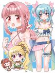  4girls :o =_= a_risanpachi akino_kaede akino_kaede_(swimsuit_ver.) arms_behind_back back_bow bare_arms bare_shoulders bead_choker beads belt belt_buckle belt_collar bikini blonde_hair blue_background blue_bow blue_bowtie blue_eyes blue_gem blue_hair blue_sash blue_sleeves blunt_bangs blush_stickers border bow bowtie breasts buckle capelet chest_belt chibi choker cleavage clenched_hand closed_mouth collar collared_capelet commentary_request contrast_lapels copyright_notice coral_hair_ornament criss-cross_halter cropped_legs cropped_torso detached_sleeves earrings embarrassed epaulettes frilled_shirt frilled_sleeves frilled_thigh_strap frills furrowed_brow gem gold_buckle gold_earrings green_bikini hair_between_eyes hair_bow hair_intakes hair_ornament hair_scrunchie halterneck hand_on_own_hip hands_on_own_chin hat hat_on_back high_ponytail jewelry lapels leaf_hair_ornament long_hair low_ponytail magia_record:_mahou_shoujo_madoka_magica_gaiden mahou_shoujo_madoka_magica medium_hair minami_rena minami_rena_(swimsuit_ver.) multicolored_bikini multiple_girls musical_note nape_braid notched_lapels off-shoulder_shirt off_shoulder official_alternate_costume open_mouth orange_belt orange_bow orange_bowtie outline outside_border pearl pink_bikini pink_bow pink_choker pink_eyes pink_hair ponytail red_hair rope sash scrunchie shell_choker shirt short_sleeves sidelocks single_stripe smile spaghetti_strap star_(symbol) star_hair_ornament stomach strapless strapless_bikini straw_hat striped_bikini striped_bow striped_choker striped_clothes striped_sleeves studded_belt studs swimsuit tamaki_iroha tamaki_iroha_(swimsuit_ver.) tareme thigh_strap togame_momoko togame_momoko_(mermaid_ver.) two-tone_bikini two-tone_bow two_side_up vertical-striped_bikini vertical-striped_clothes waist_sash wavy_hair white_bikini white_border white_bow white_capelet white_outline white_scrunchie white_shirt yellow_hat 