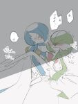  2girls absurdres alternate_color blue_hair blush bob_cut colored_skin commentary_request covered_eyes drooling female_orgasm fingering flat_chest gardevoir green_hair green_skin grey_background hair_over_eyes happy heart highres hime_takeo kneeling legs_up looking_at_another moaning mouth_drool multicolored_skin multiple_girls no_feet nose_blush one_eye_covered open_mouth orange_eyes orgasm partial_commentary pokemon pokemon_(creature) pussy_juice shiny_and_normal shiny_pokemon short_hair sitting smile speech_bubble spoken_heart sweat talking thought_bubble translation_request trembling two-tone_skin vaginal white_skin yuri 