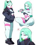  1girl black_jacket blowing_bubble_gum bra breasts chewing_gum colored_sclera colored_skin commentary cyberpunk:_edgerunners cyberpunk_(series) cyborg green_eyes green_hair hair_down highres jacket leg_tattoo long_hair looking_at_viewer mechanical_eyes neck_tattoo petite pink_tattoo rebecca_(cyberpunk) red_pupils red_sclera rikkachan1710 small_breasts smile solo stomach_tattoo tattoo tongue tongue_out twintails underwear white_skin 