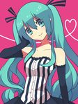  aqua_eyes aqua_hair bad_id bad_pixiv_id bare_shoulders elbow_gloves gloves hand_on_ear hatsune_miku head_tilt heart long_hair looking_at_viewer monaco_(rmn02) smile solo twintails very_long_hair vocaloid 