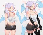  1girl absurdres alternate_breast_size_(larger) artist_name bare_shoulders black_choker blush breasts choker cleavage collarbone commentary cowboy_shot dolphin_shorts earrings elbow_gloves elf frieren gloves green_eyes hair_between_eyes heart highres jewelry looking_ahead looking_down medium_breasts midriff narrow_waist noodychaan ok_sign open_mouth parted_bangs pointy_ears shirt shorts solo sousou_no_frieren thighhighs thighs thumbs_up twintails twitter_username upper_body white_background white_hair white_shirt 