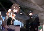  1boy 1girl armpit_cutout asu_(sinsekai) azsagawa black_hair black_jacket black_shirt black_thighhighs bridal_gauntlets brown_hair clothing_cutout commentary_request corset earrings eyeshadow flipped_hair hair_ornament hands_in_pockets high_collar jacket jewelry kamitsubaki_studio lapels large_earrings long_hair long_sleeves looking_at_viewer makeup matsuhago multicolored_hair nail_polish official_art open_clothes open_jacket orange_bridal_gauntlets orange_eyes orange_eyeshadow orange_nails outdoors peaked_lapels puffy_long_sleeves puffy_sleeves shirt short_hair sinsekai_record star_(symbol) star_earrings streaked_hair thighhighs underbust white_hair x_hair_ornament 