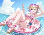 1girl arm_up armpits bare_shoulders bikini blonde_hair blue_sky bow breasts cleavage cloud cloudy_sky colored_inner_hair commentary day eyewear_on_head food green_eyes hair_bow hair_ornament hair_ribbon hairclip halterneck heart heart_o-ring high_heel_sandals high_heels highres holding holding_food holding_popsicle knees_up kurumi_noah looking_at_viewer medium_breasts multicolored_hair nail_polish navel o-ring o-ring_thigh_strap ocean on_innertube open_mouth outdoors pink_bikini pink_nails pink_sandals popsicle purple-tinted_eyewear purple_hair ribbon sandals short_hair skindentation sky smile solo spaghetti_strap stomach string_bikini swimsuit thigh_strap tinted_eyewear toenail_polish toenails toes virtual_youtuber vspo! ysnhryk 