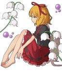  1girl barefoot black_shirt blonde_hair blue_eyes commentary_request ddgkw20934 flower from_side frown furrowed_brow hair_ribbon highres lily_of_the_valley medicine_melancholy poison red_ribbon red_skirt ribbon ribbon-trimmed_shirt ribbon-trimmed_skirt ribbon_trim shirt short_hair sitting skirt solo touhou white_background 