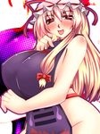  apron blonde blonde_hair blush breasts female gomesu hair_ribbon hat huge_breasts long_hair naked_tabard no_bra no_panties red_eyes ribbon sideboob solo tabard tongue touhou yakumo_yukari 