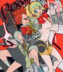  2girls aigis_(persona) android back-to-back blonde_hair blue_eyes bow chttan gekkoukan_high_school_uniform gold_hairband hairband highres holding holding_polearm holding_weapon joints mp3_player multiple_girls naginata no_feet persona persona_3 persona_3_portable polearm red_bow red_eyes robot_ears robot_girl robot_joints s.e.e.s school_uniform shiomi_kotone smile weapon 