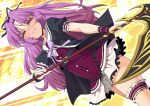  1girl black_ribbon commentary_request dress eiyuu_densetsu fan_request hair_ribbon highres holding holding_scythe kuro_no_kiseki_(series) long_hair looking_at_viewer parted_bangs purple_hair renne_(eiyuu_densetsu) ribbon scythe skirt smile solo toku_sonchou yellow_eyes 
