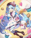  1girl animal apron aqua_eyes aqua_hair asymmetrical_legwear blue_bow blue_dress blue_eyes blue_hair blue_sleeves blush boots bow bowtie bread brown_boots brown_hat character-themed_food commentary cookie dessert detached_sleeves donut dress dress_bow food food-themed_clothes food-themed_hat_ornament frilled_apron frills fruit full_body fur-trimmed_dress fur-trimmed_sleeves fur_trim hair_between_eyes hair_ornament hat hat_ornament hatsune_miku holding holding_key holding_pastry_bag key knee_boots long_hair long_sleeves looking_at_viewer lunaticmed mismatched_legwear necktie official_alternate_costume official_alternate_hairstyle open_mouth pantyhose pastry_bag pink_necktie puffy_sleeves rabbit_yukine revision short_sleeves smile snowflake_print striped_clothes striped_pantyhose twintails two-tone_sleeves very_long_hair vocaloid wavy_hair white_apron yellow_background yuki_miku yuki_miku_(2026) 