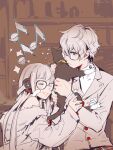 1boy 1girl amamiya_ren animal cat closed_eyes commentary_request fur_trim glasses headphones highres holding holding_animal holding_cat jacket kuroko_mikura looking_at_another morgana_(cat)_(persona_5) morgana_(persona_5) musical_note persona persona_5 sakura_futaba school_uniform shuujin_academy_school_uniform smile 