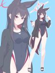  1girl animal_ears black_hair black_jacket black_one-piece_swimsuit blue_archive blue_background breasts commentary_request competition_swimsuit covered_navel extra_ears fox_ears halo highleg highleg_one-piece_swimsuit highres holding holding_whistle jacket jacket_on_shoulders madoka_(user_zrnk8278) medium_breasts multicolored_one-piece_swimsuit multiple_views one-piece_swimsuit red_eyes red_halo swimsuit whistle yukino_(blue_archive) 