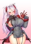  1girl :p absurdres antenna_hair azur_lane black_gloves blush breasts buttons commentary_request covered_nipples cross cum cum_on_body cum_on_breasts cum_on_clothes eyes_visible_through_hair facial garter_straps gloves gradient_background hair_between_eyes hand_to_own_mouth hand_up headgear highres iron_cross large_breasts long_hair long_sleeves looking_at_viewer miso_tanuki mole mole_on_breast multicolored_hair nipple_slip nipples ok_sign orange_eyes prinz_eugen_(azur_lane) red_streaks single_hair_streak solo standing streaked_hair swept_bangs thighhighs tongue tongue_out two_side_up very_long_hair white_hair wide_sleeves 