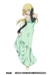  1girl adjusting_footwear adjusting_hair aiz_wallenstein aiz_wallenstein_(jade_princess) artist_request bare_shoulders black_gloves blonde_hair breasts cleavage collarbone dress dungeon_ni_deai_wo_motomeru_no_wa_machigatteiru_darou_ka elbow_gloves full_body gem gloves green_dress green_gem hair_ribbon hand_up highres long_dress long_hair looking_at_viewer medium_breasts official_alternate_costume official_alternate_hairstyle official_art open_mouth pink_ribbon ribbon second-party_source shoes simple_background sleeveless sleeveless_dress solo standing standing_on_one_leg white_background yellow_eyes yellow_shoes 