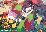  1girl belt black_gloves black_shorts closed_mouth commentary_request dragalge falinks full_body gloves highres koya10305 looking_at_viewer lucario mega_dragalge mega_falinks mega_lucario mega_meganium mega_pidgeot mega_ring mega_sableye meganium pantyhose pidgeot pokemon pokemon_(creature) pokemon_legends:_z-a ponytail red_belt red_eyes sableye shirt shorts watermark white_hair white_shirt 