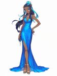  1girl ai-generated bare_shoulders blue_dress bracelet breasts cleavage colored_tips commentary dress earrings english_commentary gold gold_bracelet hand_on_own_hip highres hoop_earrings jewelry looking_at_viewer multicolored_hair nail_polish necklace nessa_(pokemon) plsultme pokemon pokemon_sword_and_shield 