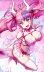  1girl ahoge belt blush boots breasts choker cleavage commentary demon_girl demon_horns demon_tail earrings english_commentary fang frills garter_straps gloves hair_ornament heart heart_ahoge heart_hair_ornament highres horns ironmouse jewelry large_breasts long_hair looking_at_viewer multicolored_hair open_mouth pink_belt pink_choker pink_eyes pink_hair pink_skirt pointy_ears purple_hair revenantart skin_fang skirt smile solo streaked_hair tail thighhighs thighs twintails very_long_hair virtual_youtuber vshojo white_gloves white_horns white_thighhighs wing_hair_ornament zettai_ryouiki 