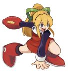  1girl android angry arm_cannon bib_collar blonde_hair blue_eyes boots bright_pupils dress dynamic_pose full_body green_ribbon hair_ribbon highres long_hair mechanical_boots mega_man_(classic) mega_man_(series) open_mouth ponytail red_boots red_dress ribbon robot_girl roll_(mega_man) simple_background solo teeth tikuwabu_33 upper_teeth_only weapon white_background white_pupils 