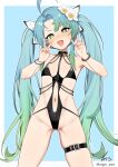  1girl ahoge artist_name ass_visible_through_thighs azur_lane belt black_one-piece_swimsuit blue_background blue_hair bracelet breasts clothing_cutout commentary_request commission cosplay double_v flat_chest flower gradient_hair green_eyes green_hair hair_flower hair_ornament hair_ribbon hands_up highres jewelry mogador_(azur_lane) mogador_(azur_lane)_(cosplay) mogador_(locker_room_lechery)_(azur_lane) multicolored_hair navel navel_cutout one-piece_swimsuit oregano_(olgn_eao) ozornoy_(azur_lane) parted_bangs ribbon signature simple_background small_breasts solo star-shaped_pupils star_(symbol) swimsuit symbol-shaped_pupils thigh_belt thigh_strap twintails v white_flower white_ribbon 