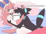 anonymous_artist anthro bed bedding between_breasts blanket blue_eyes bow_ribbon bra breasts clothing cuddling duo eeveelution electronics eyewear face_between_breasts female furniture generation_2_pokemon generation_6_pokemon gil_(lazegil) glasses hair heart_symbol hi_res male male/female markings nintendo phone pink_hair pokemon pokemon_(species) ring_(marking) shiny_pokemon smile summer_(oreon_smol) sylveon tail thong thought_bubble translucent translucent_clothing umbreon underwear