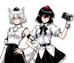  2girls animal_ear_fluff animal_ears black_bow black_bowtie black_hair black_hat black_skirt bow bowtie breasts camera closed_mouth commentary_request commission detached_sleeves grey_hair hand_on_own_hip hat highres holding holding_camera inubashiri_momiji looking_at_viewer missing_wings multiple_girls puffy_short_sleeves puffy_sleeves red_eyes red_hat ribbon-trimmed_sleeves ribbon_trim ryoan_(voyagehermitage) shameimaru_aya shirt short_hair short_sleeves simple_background skeb_commission skirt sleeveless sleeveless_shirt small_breasts smile tail tokin_hat touhou white_background white_shirt wide_sleeves wolf_ears wolf_girl wolf_tail 