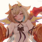  arm_wrap black_bow black_choker black_hairband blonde_hair blue_hair bow choker colored_inner_hair cowlick criss-cross_halter detached_wings dragon_claw dragon_girl dragon_horns dragon_tail dragon_wings dress earrings english_commentary gubulus_gost hairband half-closed_eyes halter_dress halterneck head_tilt highres horn_bow horn_ornament horns hug hug_invitation hugging_viewer jewelry lock_necklace long_hair multicolored_hair outline phase_connect purple_bow purple_outline purple_ribbon red_eyes red_scales ribbon signature simple_background star-shaped_pupils star_(symbol) star_print symbol-shaped_pupils tail twintails utatane_nasa utatane_nasa_(nasa_2.0) variant_set very_long_hair white_background white_dress wings yellow_horns yellow_pupils yellow_wings 