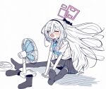  1girl arms_between_legs black_hairband black_skirt black_thighhighs blue_archive blue_necktie blush closed_eyes commentary_request electric_fan fanning_self floating_hair hair_between_eyes hairband half_updo halo kei_(blue_archive) kei_(student)_(blue_archive) ken_(houndscombat) long_hair long_hair_between_eyes necktie open_mouth pink_halo pleated_skirt rectangular_halo shirt shoes sitting skirt solo sweat teeth thighhighs unworn_shoes upper_teeth_only white_hair white_shirt 