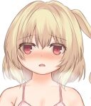  1girl alternate_costume blonde_hair blush camisole commentary_request flandre_scarlet looking_at_viewer medium_hair missing_headwear missing_wings niseneko_(mofumofu_ga_ienai) one_side_up open_mouth pink_camisole portrait red_eyes simple_background solo touhou white_background 