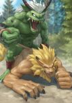  2boys absurdres anal animal_ears arm_tattoo black_claws colored_skin completely_nude digimon digimon_adventure earrings fangs forest furry furry_male grabbing_another's_tail green_skin highres horns jewelry leomon lion_boy lion_ears lion_mane lion_tail male_focus monster_boy multiple_boys muscular muscular_male nature necklace no_nipples nude ogre orgemon outdoors penis tail tattoo tongue white_hair x6udpngx yaoi 