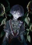  1boy absurdres armor arms_at_sides black_background black_bodysuit black_hair black_shorts black_sleeves blood blood_on_armor blood_on_clothes blood_on_face blunt_ends bodysuit commentary_request covered_collarbone eyeliner flower genshin_impact gold gold_trim grey_eyes hair_intakes head_tilt highres japanese_armor japanese_clothes jewelry juban kimono kote kurage_67 kurokote layered_sleeves leaf looking_at_viewer makeup male_focus mandarin_collar mitsudomoe_(shape) neck_ring o-ring open_clothes open_kimono open_mouth outdoors plant purple_rope purple_sash purple_sleeves red_eyeliner red_kimono red_sash ringed_eyes rope sash scaramouche_(genshin_impact) shimenawa short_sleeves shorts single_sode solo sunflower tassel tomoe_(symbol) tsurime white_kimono white_rope wilted_flower wispy_bangs 