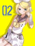  1girl arm_warmers bare_shoulders blonde_hair blue_eyes bow commentary detached_sleeves eyelashes fortissimo grey_leg_warmers grey_sailor_collar grey_sleeves hair_bow headphones highres kagamine_rin kagamine_rin_(vocaloid4) leg_warmers looking_at_viewer neckerchief necktie piano_print sailor_collar see-through_clothes see-through_sleeves shirt short_hair shorts sleeveless sleeveless_shirt smile swept_bangs tadesu_(tads-90) treble_clef v v4x v_over_eye vocaloid white_bow white_shirt white_shorts yellow_background yellow_neckerchief yellow_necktie yellow_trim 