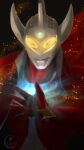  1boy alien artist_logo bracelet cape chest_guard color_timer colored_skin commentary dark_background dorsal_fin floating_cape forehead_jewel gem glowing glowing_chest glowing_eyes green_gem hand_on_own_chest horns jewelry light_particles light_rays logo looking_at_viewer male_focus mizunotsuki multicolored_skin open_hand pectorals red_cape red_skin silver_skin solo spread_fingers studded_armor tokusatsu toned toned_male two-tone_skin ultra_bracelet ultra_series ultraman_tarou ultraman_tarou_(series) upper_body yellow_eyes 