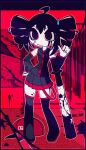  ahoge alrapple baseball_bat baseball_cap black_blood black_boots black_hair black_shirt black_skirt blood blood_on_face blood_on_weapon blood_splatter boots buttons clothes_rack colored_blood commentary detached_sleeves drill_hair english_commentary hat highres kasane_teto kasane_teto_(utau) planted_baseball_bat pleated_skirt red_background red_trim shirt skirt sleeveless sleeveless_shirt sweatdrop synthesizer_v thigh_boots twin_drills utau weapon yararara_(synthesizer_v) zettai_ryouiki 