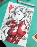  1girl art_tools_in_frame blonde_hair bodysuit breasts cat_mask catsuit closed_mouth commentary english_commentary from_side gloves heart highres large_breasts long_hair looking_at_viewer marker_(medium) mask panther_(persona_5) persona persona_5 photo_(medium) red_bodysuit signature smile solo stanley_lau takamaki_ann traditional_media twintails white_gloves 