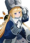  1girl adjusting_clothes adjusting_headwear bangboo_(zenless_zone_zero) blonde_hair braid commentary eins_(pj_eins) gloves grey_hat hat highres large_hat long_hair long_sleeves looking_at_viewer norma_hollowell purple_eyes simple_background smile thighhighs white_background white_gloves white_thighhighs zenless_zone_zero 