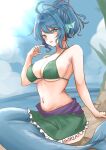  1girl absurdres alternate_costume alternate_hairstyle beach bikini bikini_skirt blue_eyes blue_hair blue_sky breasts cleavage cloud commentary_request day fins frilled_skirt frills green_bikini green_skirt hair_ribbon head_fins highres kuraki large_breasts merfolk mermaid monster_girl navel ocean outdoors ponytail red_ribbon ribbon sitting skirt sky solo stomach swimsuit touhou wakasagihime water 