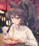  1girl animal_ears black_hair blush breast_rest breasts chopsticks collared_shirt commentary_request egg eyewear_on_head food glasses holding holding_chopsticks karimiya_ichiko_(kuromiya) kuromiya large_breasts long_hair long_sleeves noodles original ponytail red-framed_eyewear red_eyes semi-rimless_eyewear shirt sitting solo udon under-rim_eyewear white_shirt 