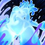  1girl breasts commentary_request cowboy_shot emphasis_lines from_below head_back highres medium_breasts monster_girl navel no_nipples no_pussy nude original slime_girl slime_hair slimification solo suirium0723 transformation 
