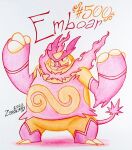  artist_name commentary dated emboar english_commentary fangs fire full_body limited_palette nostrils open_mouth pokedex_number pokemon pokemon_(creature) pokemon_focus smile solo standing traditional_media white_background zerokirbyarts 