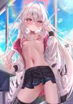  1girl :/ adjusting_hair black_skirt black_thighhighs blue_archive blush bra breasts bright_pupils closed_mouth cloud collarbone commentary cowboy_shot day desk dot_nose double-parted_bangs fingernails hair_between_eyes halo hand_in_own_hair hand_up highres indoors jacket jacket_partially_removed kei_(blue_archive) kei_(student)_(blue_archive) kordilia large_variant_set lens_flare long_hair long_hair_between_eyes long_sleeves looking_at_viewer loosely_tucked_bangs making-of_available miniskirt navel no_shirt open_clothes open_hand open_jacket panties pantyshot pink_bra pink_eyes pink_halo pink_jacket pink_panties pleated_skirt rectangular_halo ring_of_light_(blue_archive) ringed_eyes school_desk sidelocks single_bare_shoulder single_off_shoulder skirt small_breasts solo standing stomach striped_bra striped_clothes striped_panties thighhighs thighs two-sided_fabric two-sided_jacket underwear unkempt variant_set very_long_hair white_bra white_hair white_jacket white_pupils 