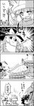  4koma bow braid bucket chopsticks cirno comic cup food frog greyscale hair_bow hair_ornament hair_ribbon hair_tubes hat hat_bow highres jitome kirisame_marisa kochiya_sanae leaf monochrome moriya_suwako multiple_girls mundane_utility ribbon smile tani_takeshi touhou translated wet witch_hat yasaka_kanako yukkuri_shiteitte_ne 