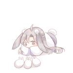  1boy ahoge animal animal_ears baishuo_(shining_nikki) chibi chinese_clothes circlet crescent grey_eyes grey_hair hair_between_eyes hair_ornament hair_spread_out hanfu interruption_(echo-023) long_hair long_sleeves looking_at_animal lop_rabbit_ears male_focus nikki_(series) pom_pom_(clothes) pom_pom_hair_ornament rabbit rabbit_boy rabbit_ears rabbit_tail shadow shining_nikki simple_background sleeves_past_fingers sleeves_past_wrists solo tail very_long_hair white_background white_hanfu wide_sleeves 